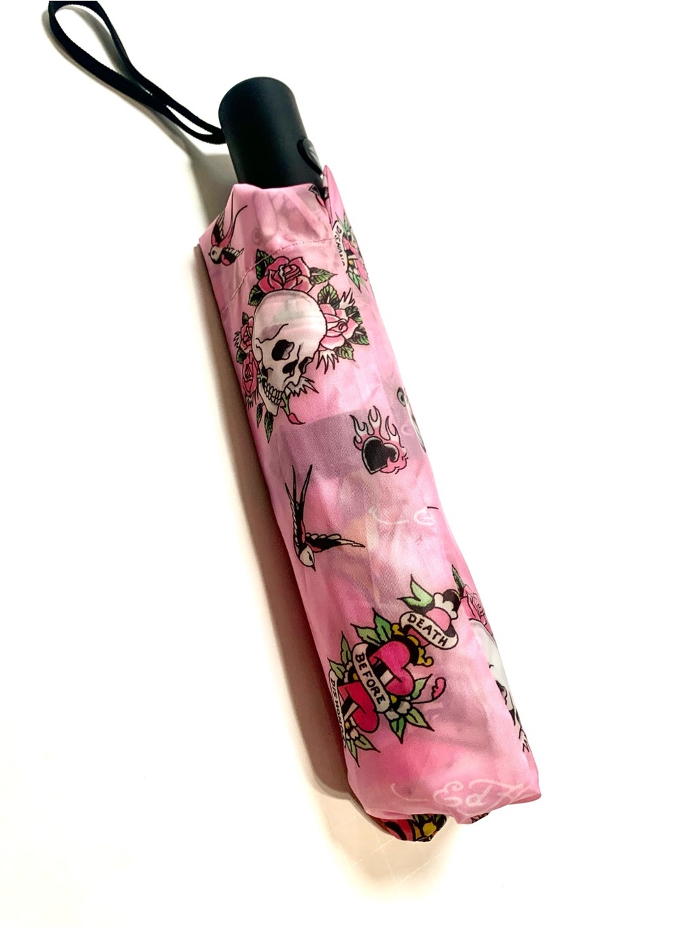 Ed Hardy Pink Skull & Heart Tattoo Print Compact Umbrella - NWT